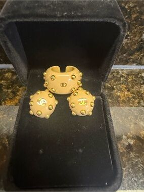 CHANEL Beige Resin Studded Ring and Earrings with Gold Accents
